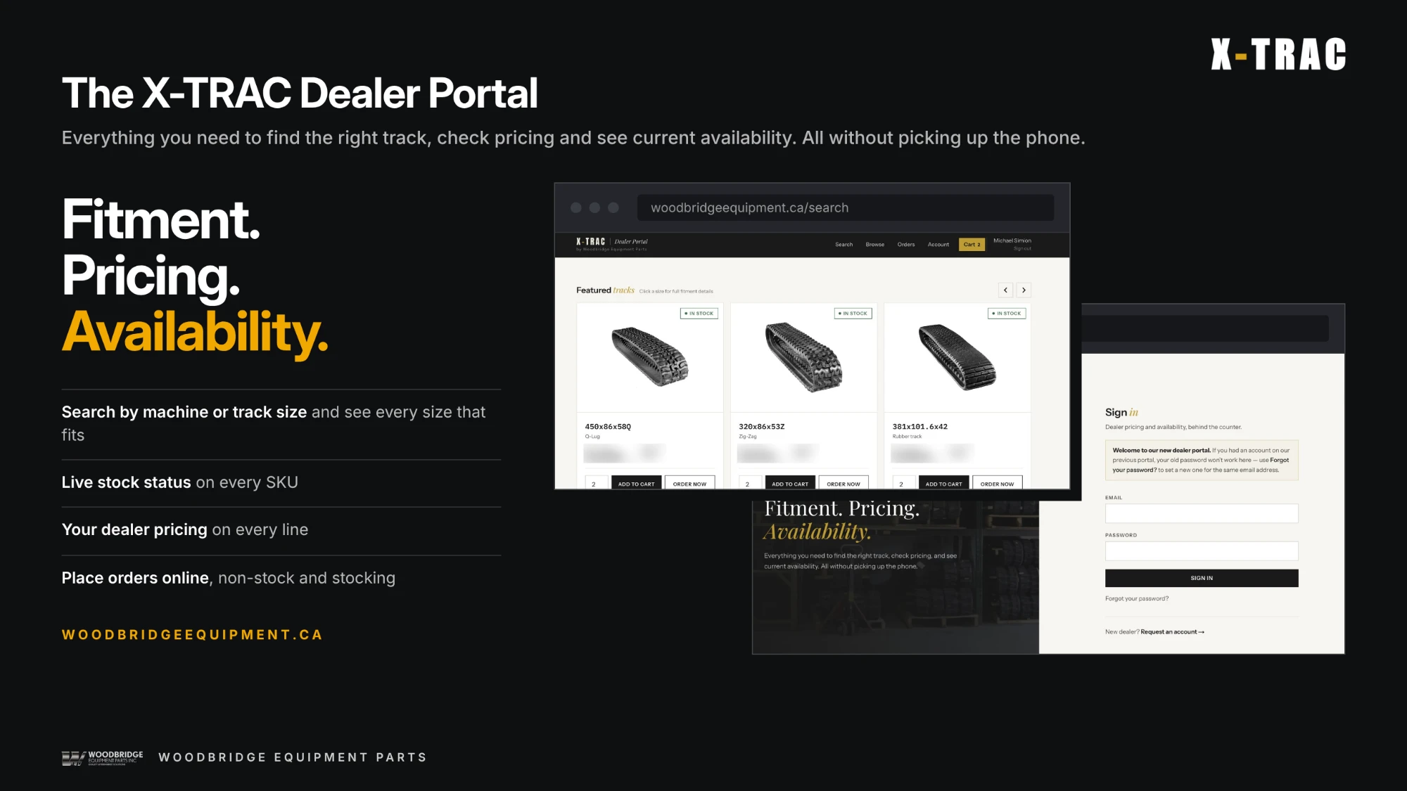 The X-TRAC Dealer Portal showing featured tracks with live stock status, dealer pricing, and the new sign-in page